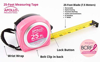 Tools Measuring Tape, 25 Foot Tape Measure with Retractable Blade, Fraction Markings, 1 Inch Nylon Blade, 8 Foot Standout, Lock Button and Belt Clip - Pink Ribbon - Pink - DT5002P