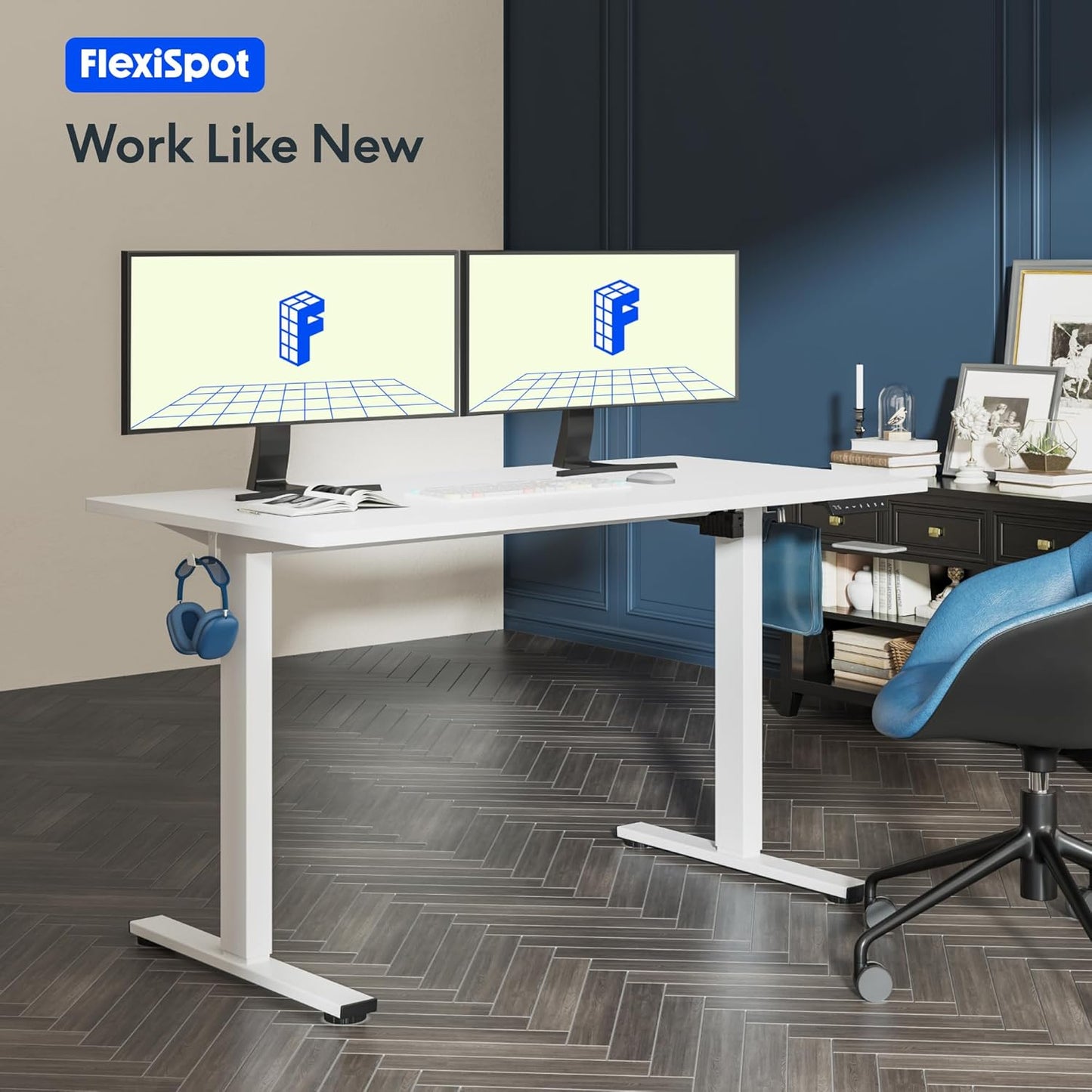 One-Piece Electric Standing Desk, 48 X 24 Inches Adjustable Desk with Seamless Desktop, Memory Controller Height Adjustment (White Frame + White Desktop, 2 Packages)