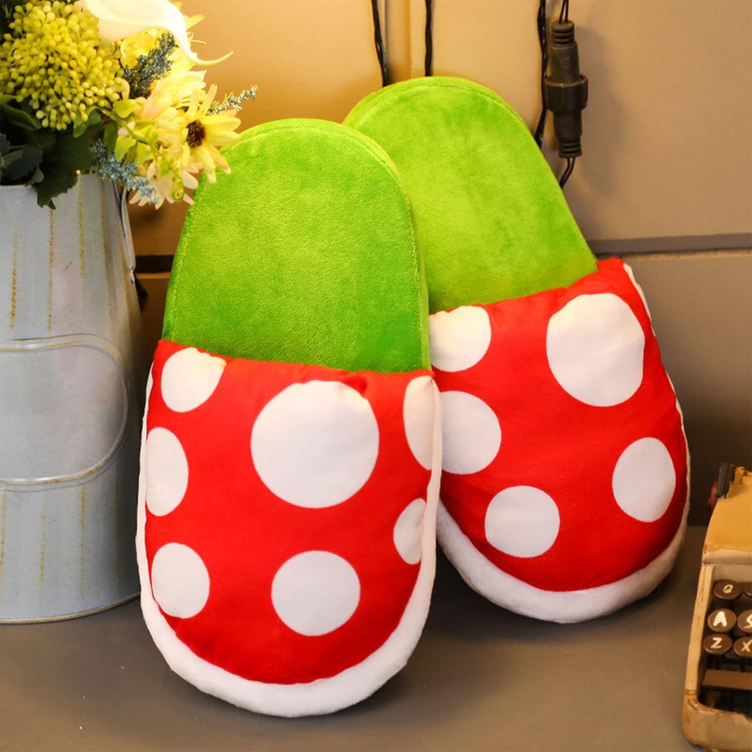 Piranha Plant Slippers with Pipe Pot Holder - Mushroom Slippers Loafer with Red Socks