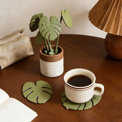 Monstera Coaster Set of 4, Magnetic Non-Slip Turtle Leaf Coasters, Waterproof Reusable Tropical Plant Coasters for Home Desk Dining Decor, Christmas Thanksgiving (Have a Basin)