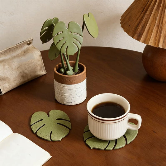 Monstera Coaster Set of 4, Magnetic Non-Slip Turtle Leaf Coasters, Waterproof Reusable Tropical Plant Coasters for Home Desk Dining Decor, Christmas Thanksgiving (Have a Basin)