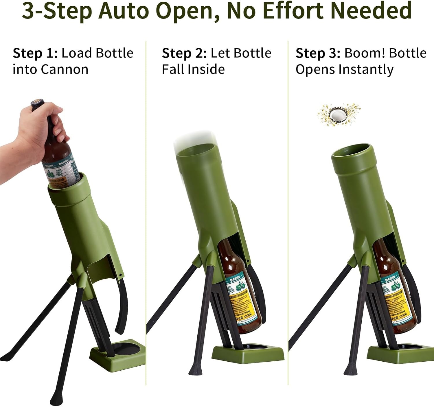 355Ml Longneck Beer Mortar Bottle Opener – Heavy-Duty Tactical Cap Launcher, Hands-Free, Party & Home Bar Decor (Green)