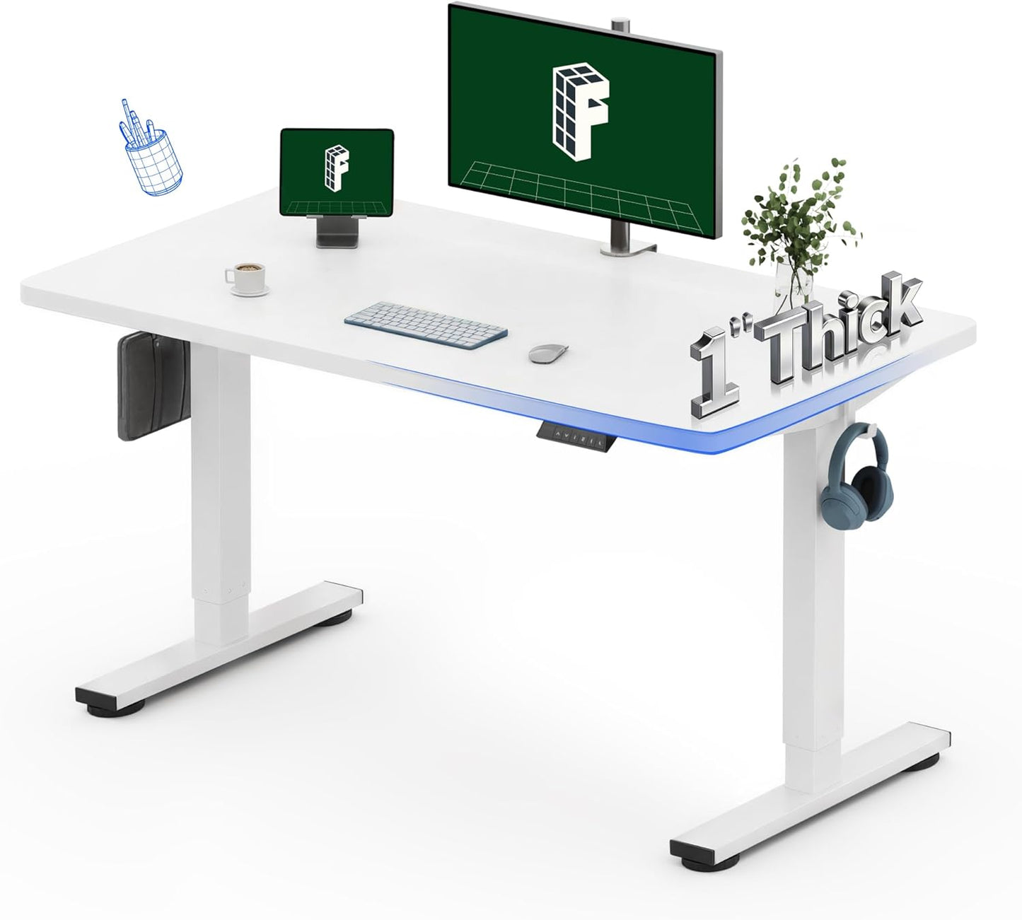 One-Piece Electric Standing Desk, 48 X 24 Inches Adjustable Desk with Seamless Desktop, Memory Controller Height Adjustment (White Frame + White Desktop, 2 Packages)