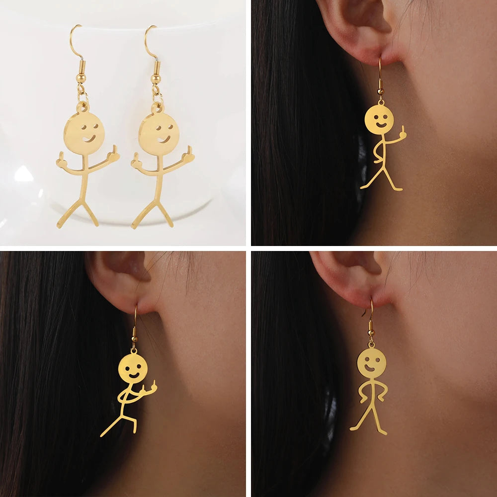 Funny Doodle Earrings for Woman 2026 Trend Punk Middle Finger Stickman Hip Hop Stainless Steel Dangle Earrings