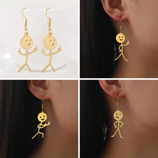 Funny Doodle Earrings for Woman 2026 Trend Punk Middle Finger Stickman Hip Hop Stainless Steel Dangle Earrings