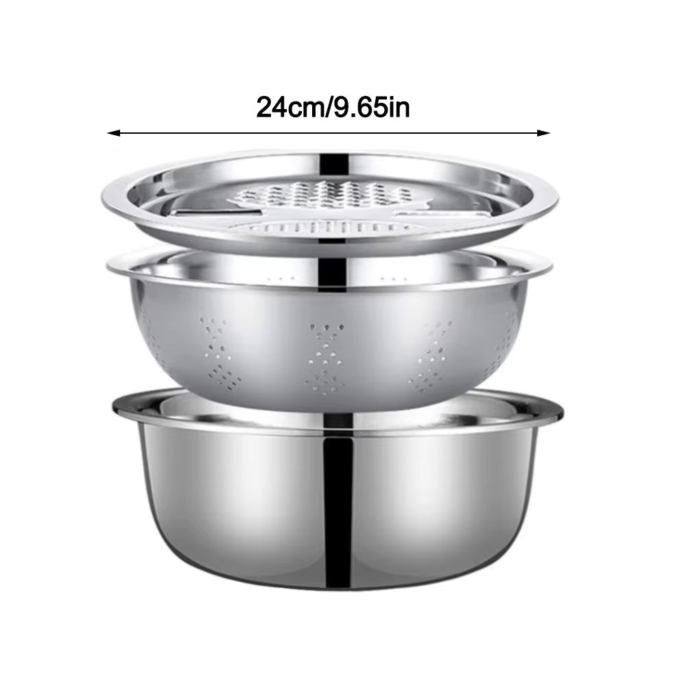 3Pcs/Set 3-In-1 Drain Wash Vegetables Basin with Strainer Sink Bowl Large Capacity Rice Wash Basin with Grater Cover