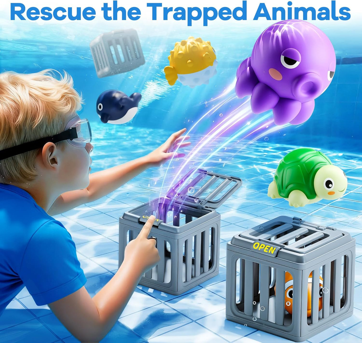 Kids Pool Diving Toys, Water Swimming Dive Pool Game, Toddler Bath Toy Play Set W/ Fish Box Floating Animals, Fun Outdoor Beach Lake Swim Summer Party Gift 3 4 5 6 7 8 10 12 Year Old Boy Girl