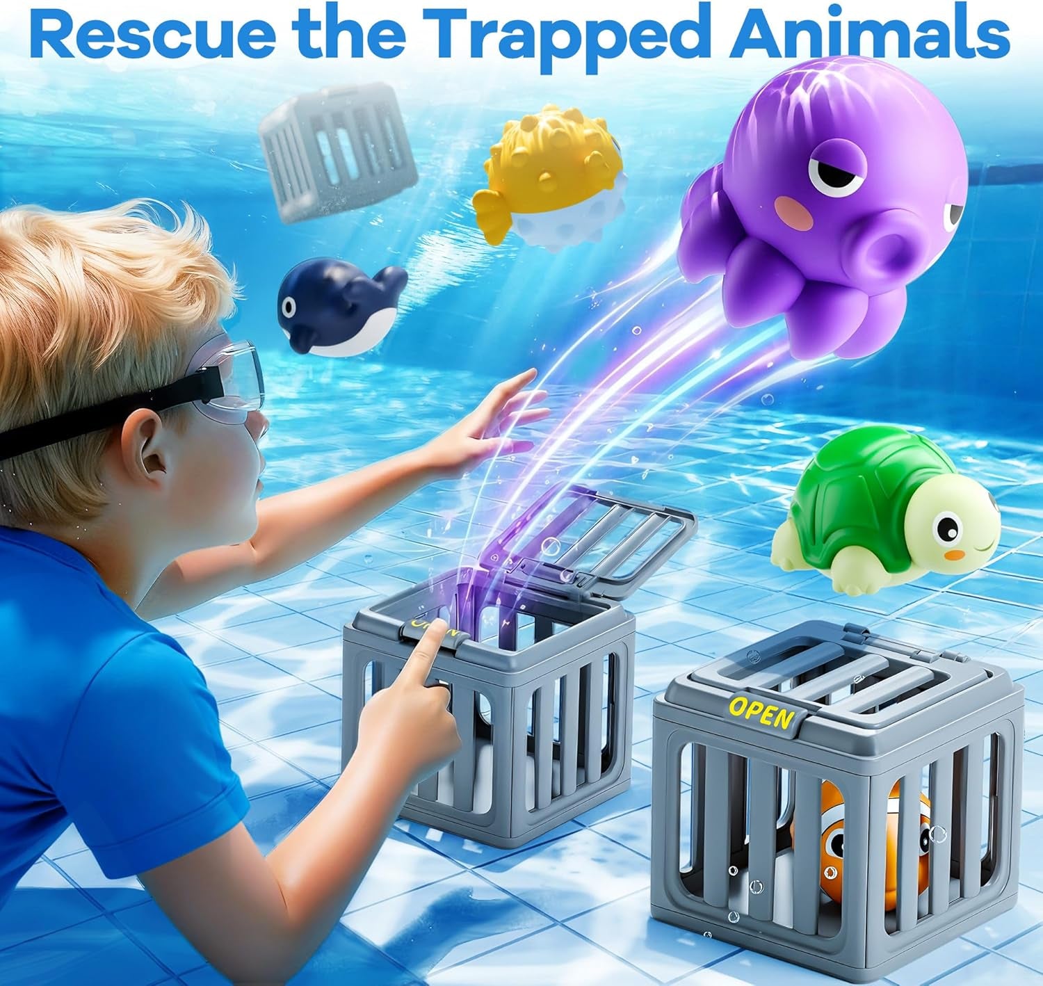 Kids Pool Diving Toys, Water Swimming Dive Pool Game, Toddler Bath Toy Play Set W/ Fish Box Floating Animals, Fun Outdoor Beach Lake Swim Summer Party Gift 3 4 5 6 7 8 10 12 Year Old Boy Girl