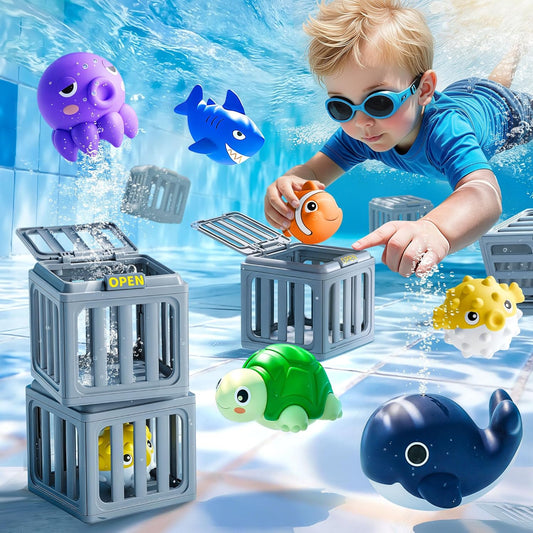 Kids Pool Diving Toys, Water Swimming Dive Pool Game, Toddler Bath Toy Play Set W/ Fish Box Floating Animals, Fun Outdoor Beach Lake Swim Summer Party Gift 3 4 5 6 7 8 10 12 Year Old Boy Girl