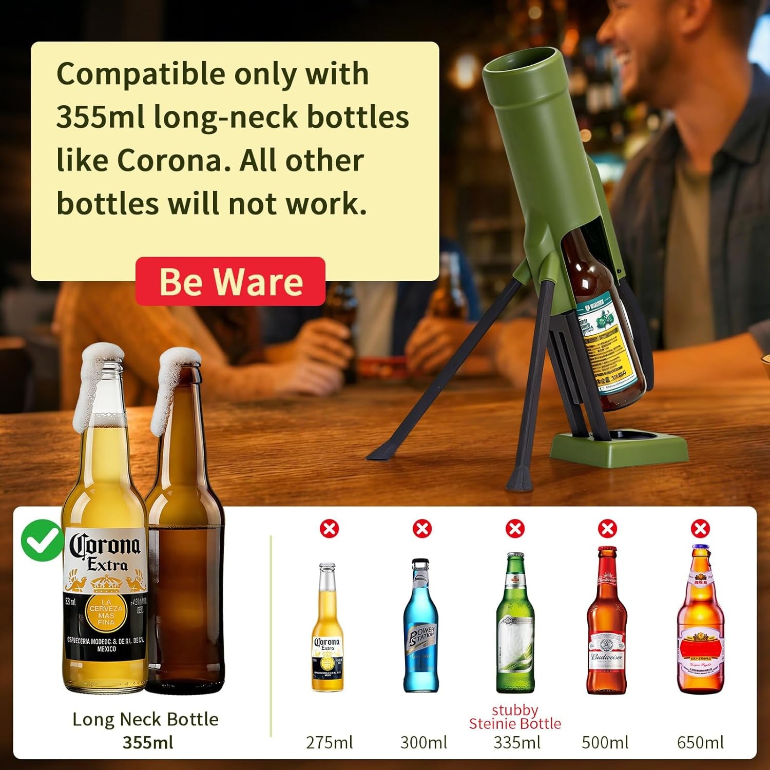 355Ml Longneck Beer Mortar Bottle Opener – Heavy-Duty Tactical Cap Launcher, Hands-Free, Party & Home Bar Decor (Green)