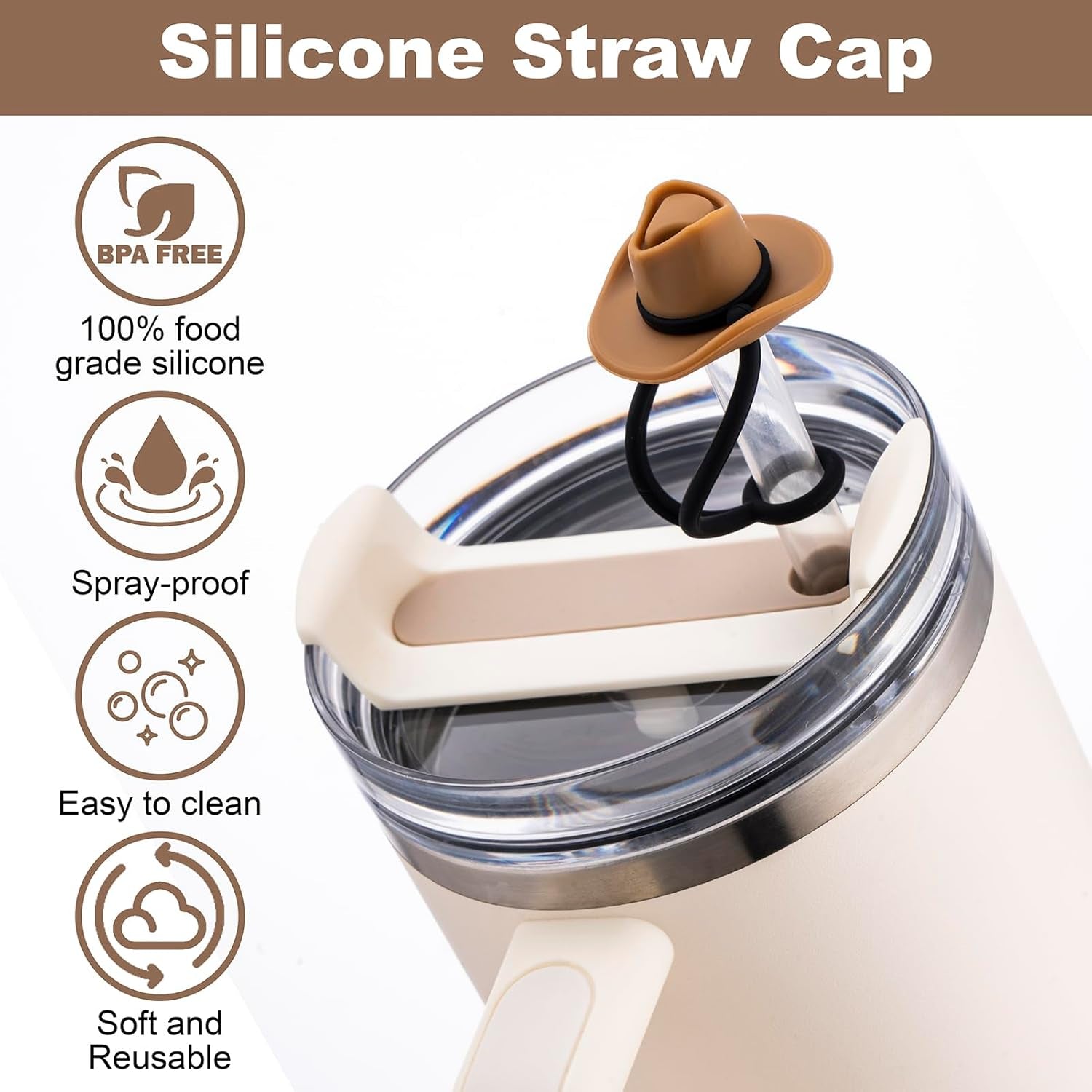Straw Cover Cap for Stanley Cup 30 40 Oz, Silicone Straw Toppers Cowboy Hat, Tumbler Cup Accessories for 10Mm 0.4In Straws Cute Gifts Ornaments for Women