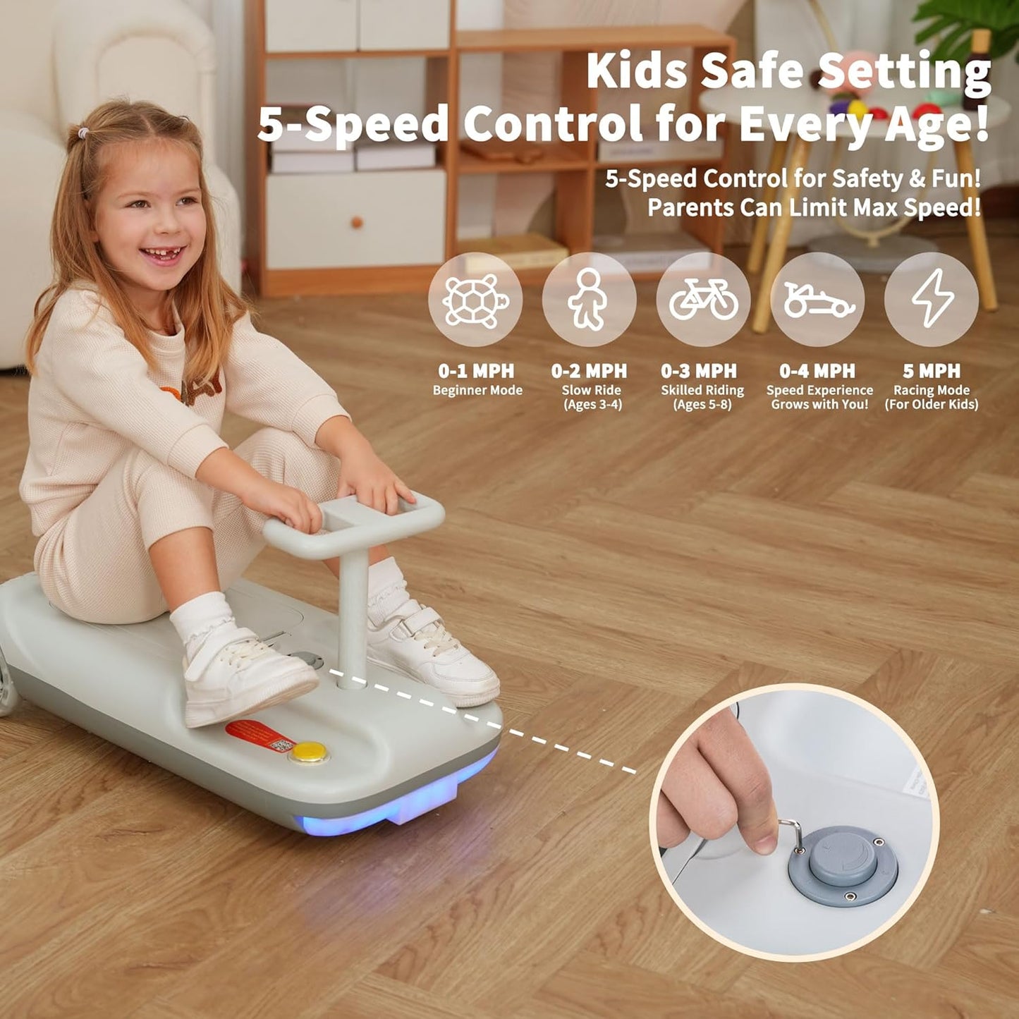 12V Ride-On Car with Cleaning Fun, 3 in 1 Gokart, Soft-Start, 5-Speed Adjustable, Detachable Mop, Rechargeable Battery, 160Lbs Capacity, Indoor & Outdoor for Kids Ages 3+ Gray