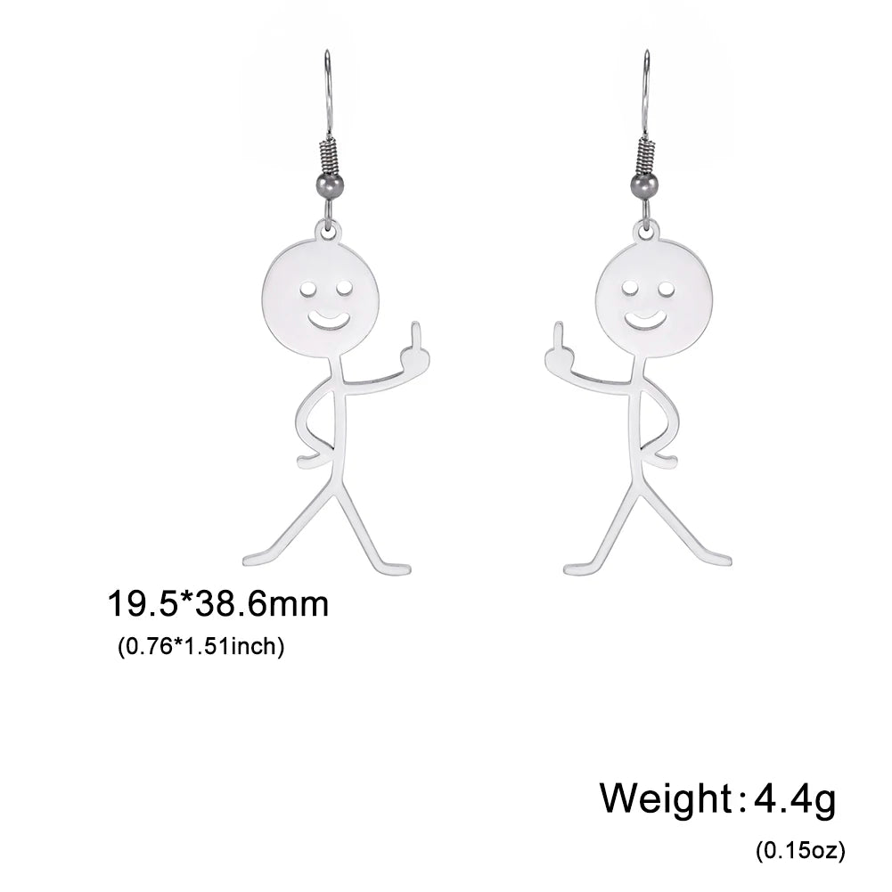 Funny Doodle Earrings for Woman 2026 Trend Punk Middle Finger Stickman Hip Hop Stainless Steel Dangle Earrings