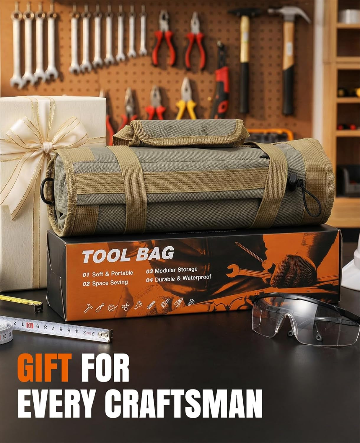 Tool Roll up Bag, 1680D Heavy Duty Tool Bag Organizer with 2 Detachable Tool Pouches & Multiple Pockets, Waterproof Motorcycle Tool Roll for Mechanic & Electrician, Gift for Men Him Dad, 21.9"*14.2"