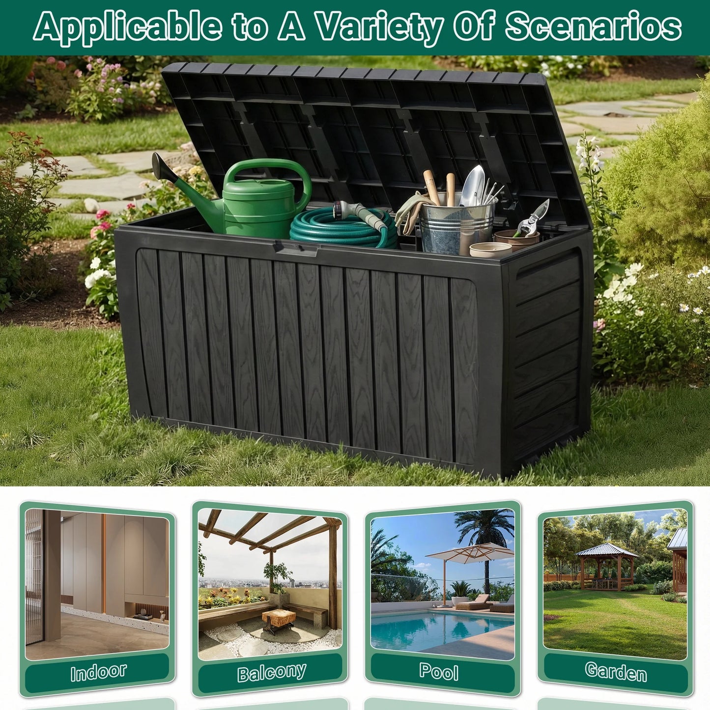 Deck Box, 75 Gallon Resin Box on Wheels, Large Outdoor Storage Box, Outdoor Waterproof Storage Chest for outside Furniture Cushions, Garden Tools, Black, D7226