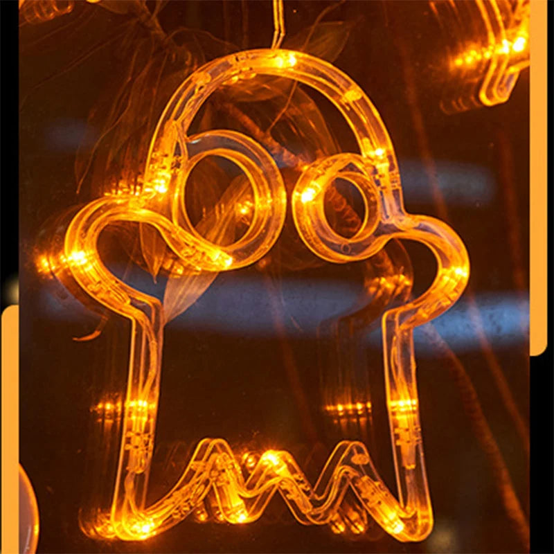 1Pc 2025 New Orange Pumpkin Ghost Suction Cup Light Halloween Decoration Autumn Window Light Halloween Home Hanging Decorations