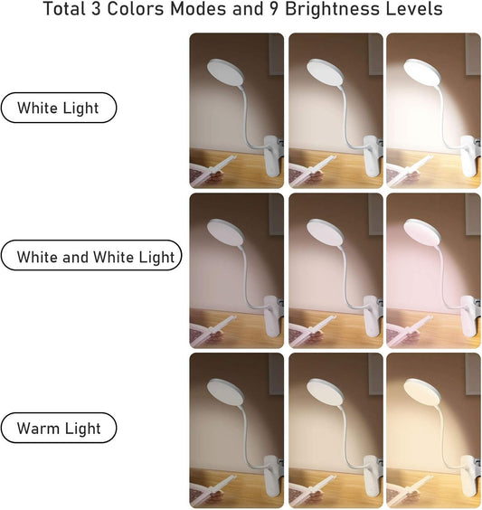 Rechargeable Reading Light for Books in Bed Touch Control Book Light for Reading with Battery,Clip Led Desk Lamp with USB Charging Port 3 Colors & 9 Brightness Reading Lamp