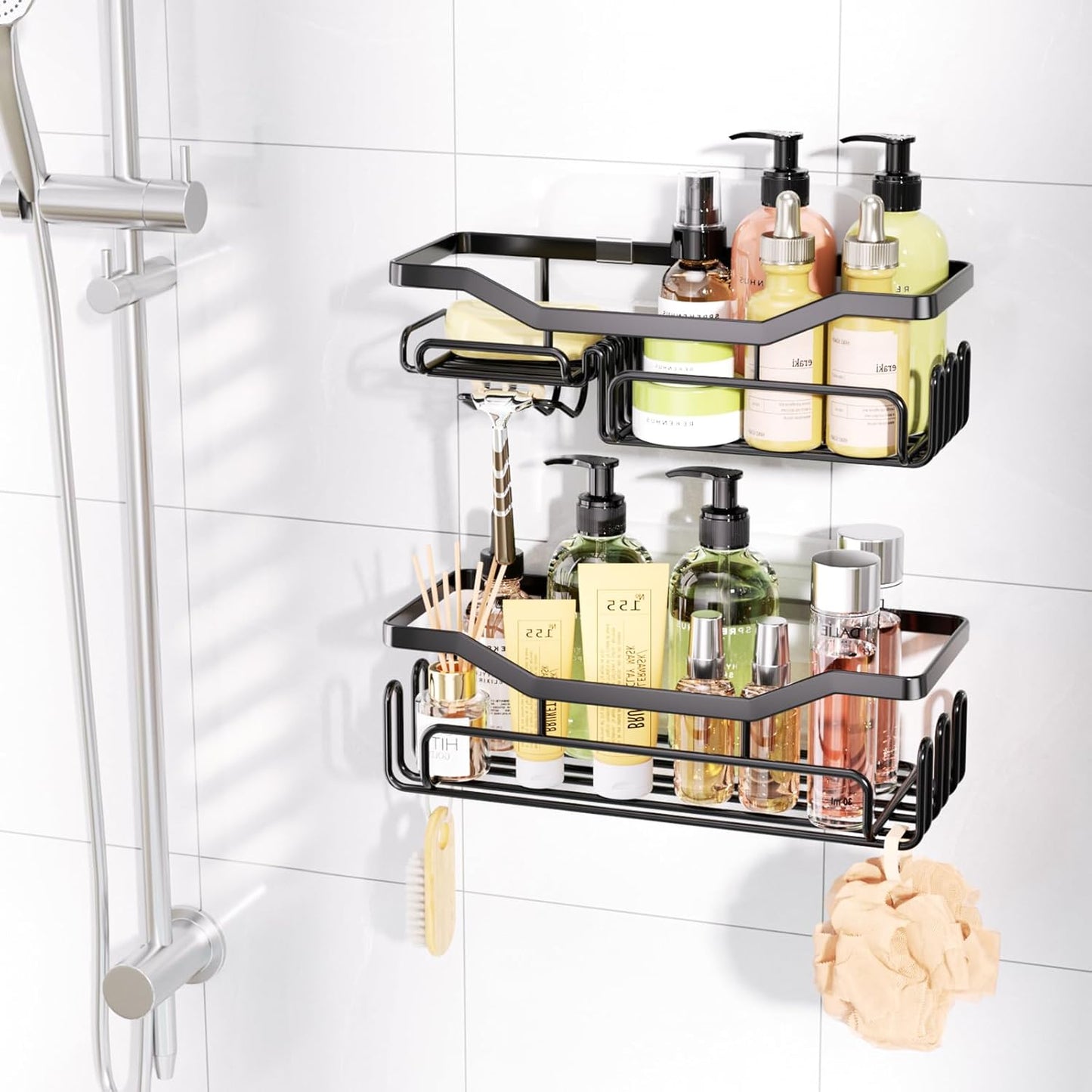 Storage Shower Shelves, Shower Caddy Organiser with 11 Hooks, Shelf with Razor Holder,Soap Dish,Towel Hook Bathroom Accessories Black,3 Sticker,2 Pcs