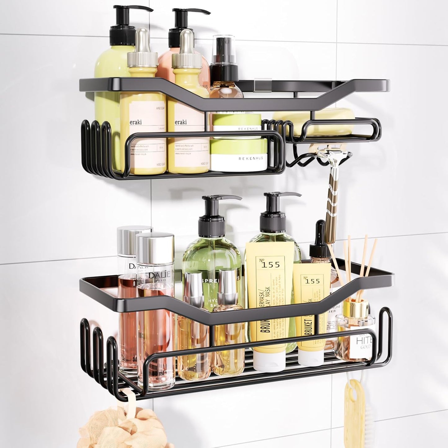 Storage Shower Shelves, Shower Caddy Organiser with 11 Hooks, Shelf with Razor Holder,Soap Dish,Towel Hook Bathroom Accessories Black,3 Sticker,2 Pcs