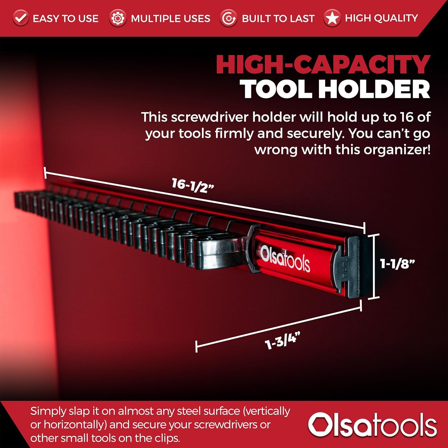 Magnetic Screwdriver Organizer - Screwdriver Holder with Strong Magnets and Foam Backing - Professional Tool Holder and Tool Organizer - Stores up to 16 Screwdrivers - Red - Part: 1008