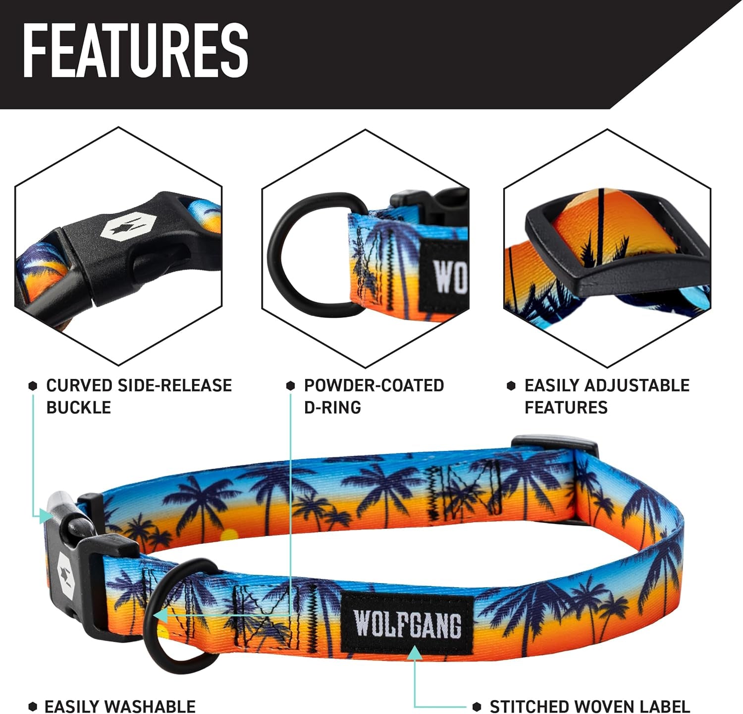 Wolfgang Heavy Duty, Adjustable Dog Collar with Quick Release Nylon Buckle for Walking & Training, Sunsetpalms Print, Medium