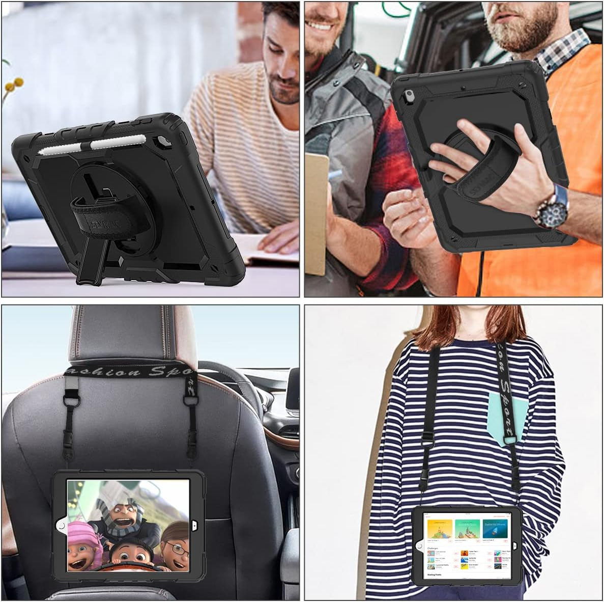 Case for Ipad 9Th/ 8Th/ 7Th Generation 10.2'', Shockproof with Screen Protector, Pencil Holder [360° Rotating Hand Strap] & Stand, for Ipad 10.2 Inch 2021-2019 (Black)