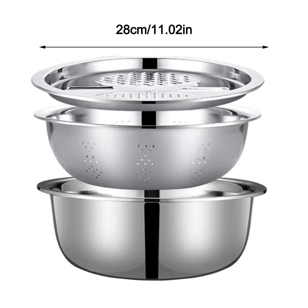 3Pcs/Set 3-In-1 Drain Wash Vegetables Basin with Strainer Sink Bowl Large Capacity Rice Wash Basin with Grater Cover