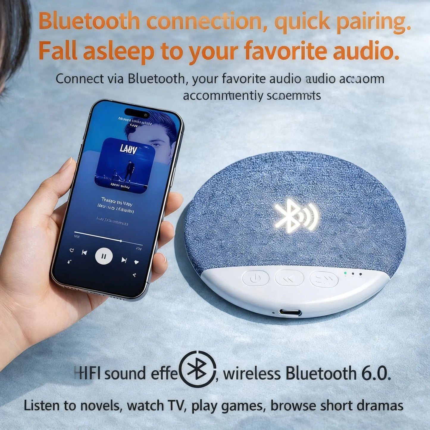 Pillow Speaker Bluetooth Wireless Ultra-Thin Bone Conduction Sleep Aid with White Noise Timer Portable Speaker for Side Sleepers Private Audio No Disturb Partner Smartphone