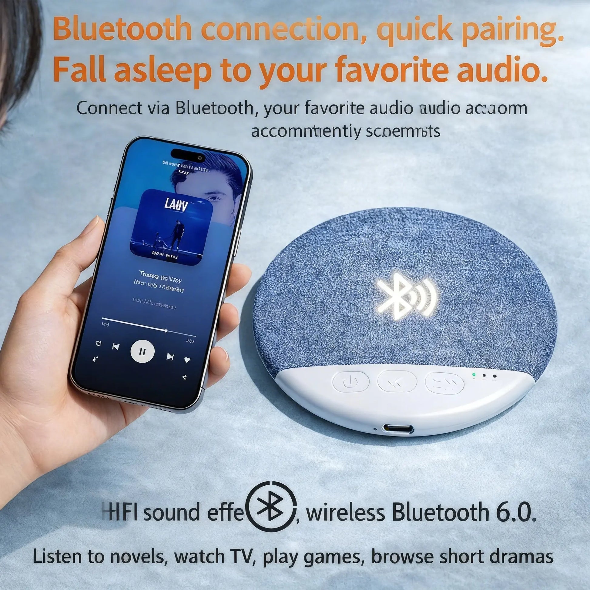 Pillow Speaker Bluetooth Wireless Ultra-Thin Bone Conduction Sleep Aid with White Noise Timer Portable Speaker for Side Sleepers Private Audio No Disturb Partner Smartphone