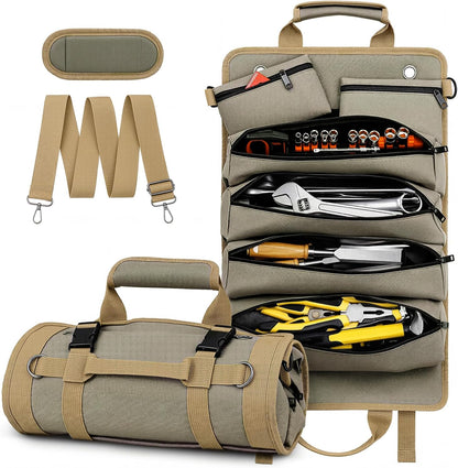 Tool Roll up Bag, 1680D Heavy Duty Tool Bag Organizer with 2 Detachable Tool Pouches & Multiple Pockets, Waterproof Motorcycle Tool Roll for Mechanic & Electrician, Gift for Men Him Dad, 21.9"*14.2"