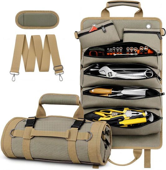 Tool Roll up Bag, 1680D Heavy Duty Tool Bag Organizer with 2 Detachable Tool Pouches & Multiple Pockets, Waterproof Motorcycle Tool Roll for Mechanic & Electrician, Gift for Men Him Dad, 21.9"*14.2"