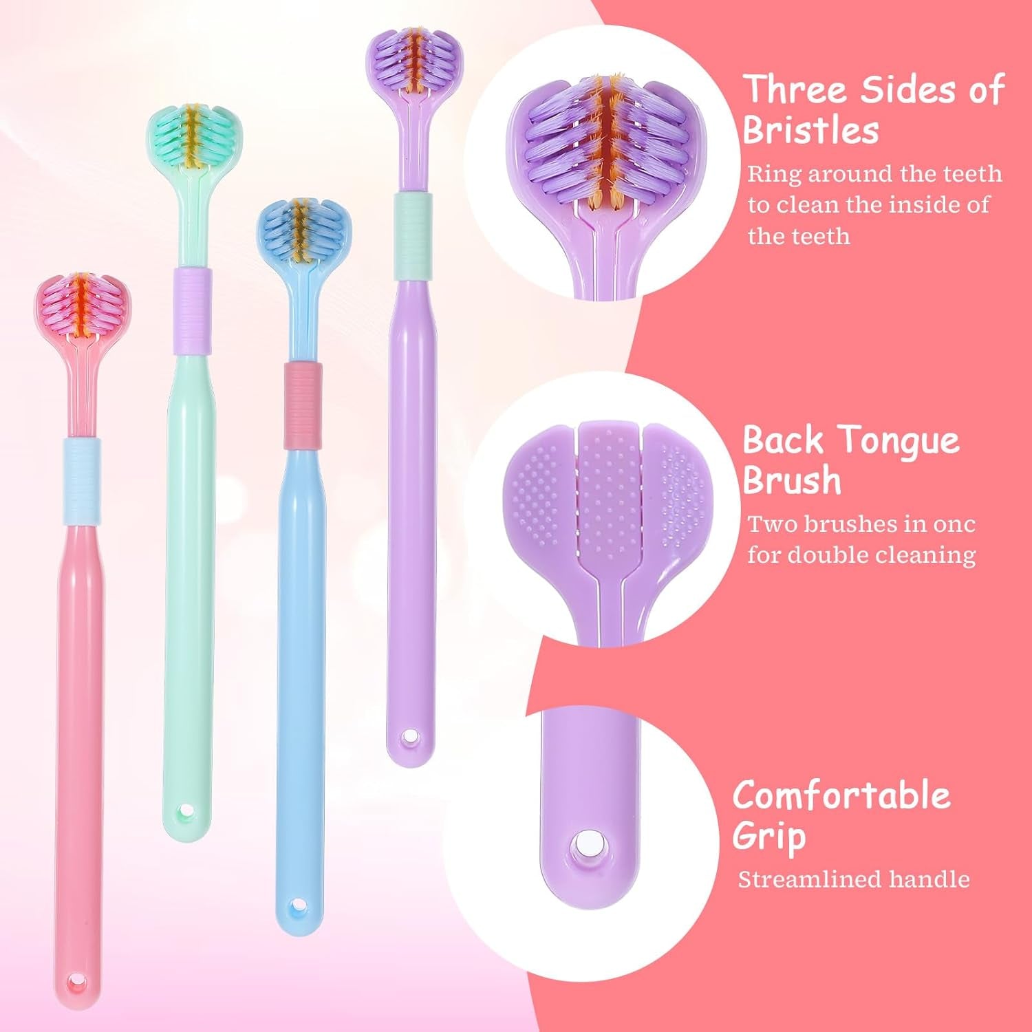 4Pcs 3 Sided Toothbrush Adult, Deeply and Thoroughly to Clean Teeth and Gums Colorful Soft Bristle Three Sided Toothbrush Set for Adults Teeth Gum Care