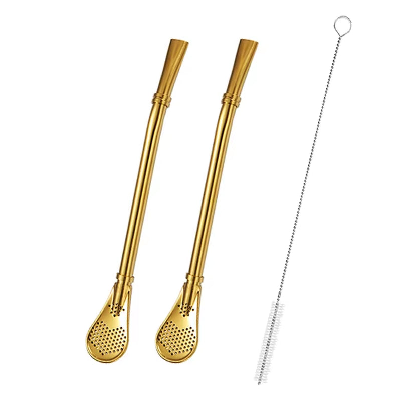 2Pcs Yerba Mate Bombilla Stainless Steel Straw Loose Leaf Tea Infuser Dringking Spoons Filter Stirring Straws W Cleaning Brush