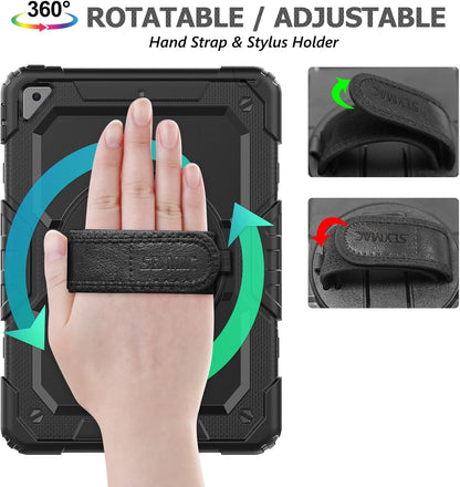 Case for Ipad 9Th/ 8Th/ 7Th Generation 10.2'', Shockproof with Screen Protector, Pencil Holder [360° Rotating Hand Strap] & Stand, for Ipad 10.2 Inch 2021-2019 (Black)