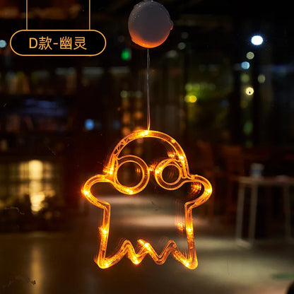 1Pc 2025 New Orange Pumpkin Ghost Suction Cup Light Halloween Decoration Autumn Window Light Halloween Home Hanging Decorations