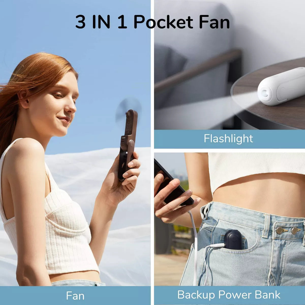 JISULIFE Small Handheld 3-In-1 Hand Fan and Portable USB Rechargeable Pocket Fan