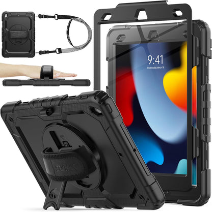 Case for Ipad 9Th/ 8Th/ 7Th Generation 10.2'', Shockproof with Screen Protector, Pencil Holder [360° Rotating Hand Strap] & Stand, for Ipad 10.2 Inch 2021-2019 (Black)