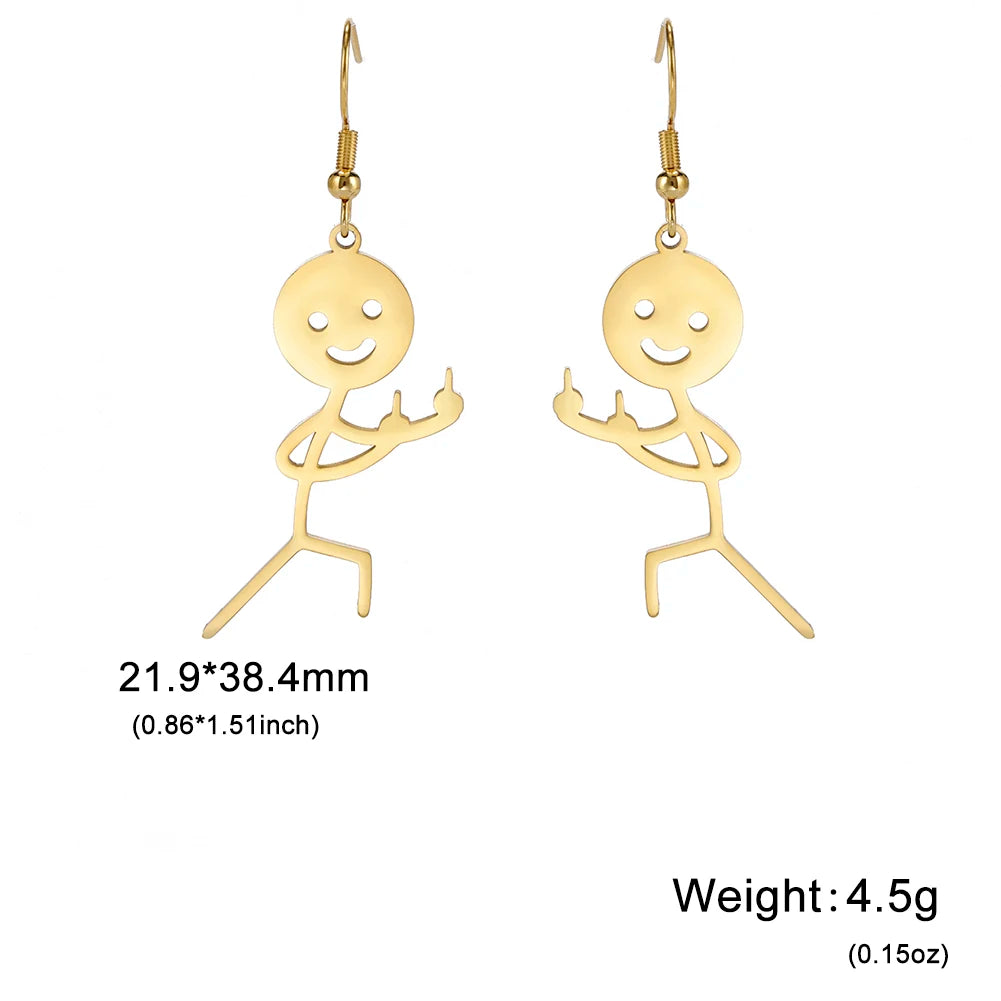 Funny Doodle Earrings for Woman 2026 Trend Punk Middle Finger Stickman Hip Hop Stainless Steel Dangle Earrings
