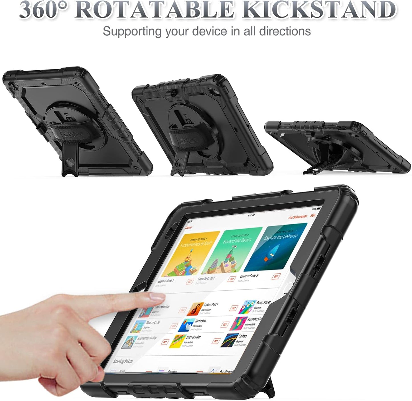 Case for Ipad 9Th/ 8Th/ 7Th Generation 10.2'', Shockproof with Screen Protector, Pencil Holder [360° Rotating Hand Strap] & Stand, for Ipad 10.2 Inch 2021-2019 (Black)