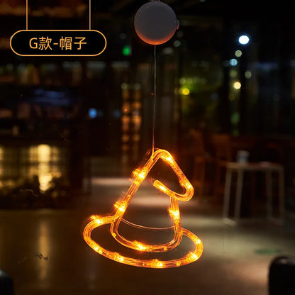 1Pc 2025 New Orange Pumpkin Ghost Suction Cup Light Halloween Decoration Autumn Window Light Halloween Home Hanging Decorations