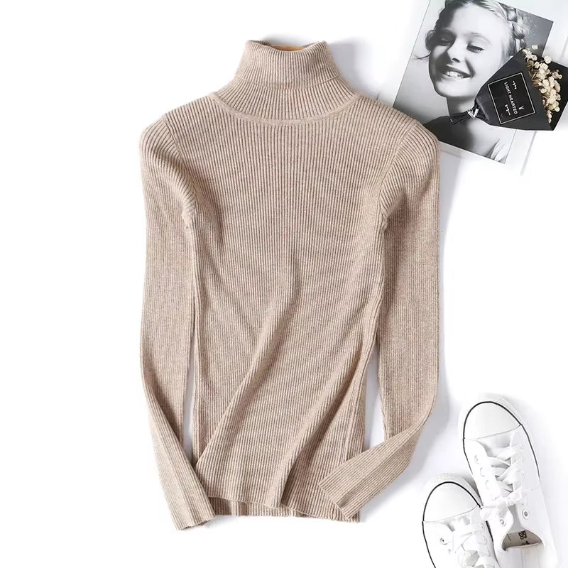 Casual Soft Polo-Neck Jumper New Autumn Winter Women Knitted Turtleneck Sweater Fashion Slim Elasticity Solid Ribbed Pullovers