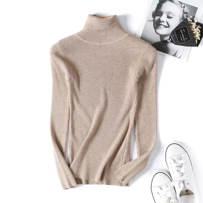 Casual Soft Polo-Neck Jumper New Autumn Winter Women Knitted Turtleneck Sweater Fashion Slim Elasticity Solid Ribbed Pullovers