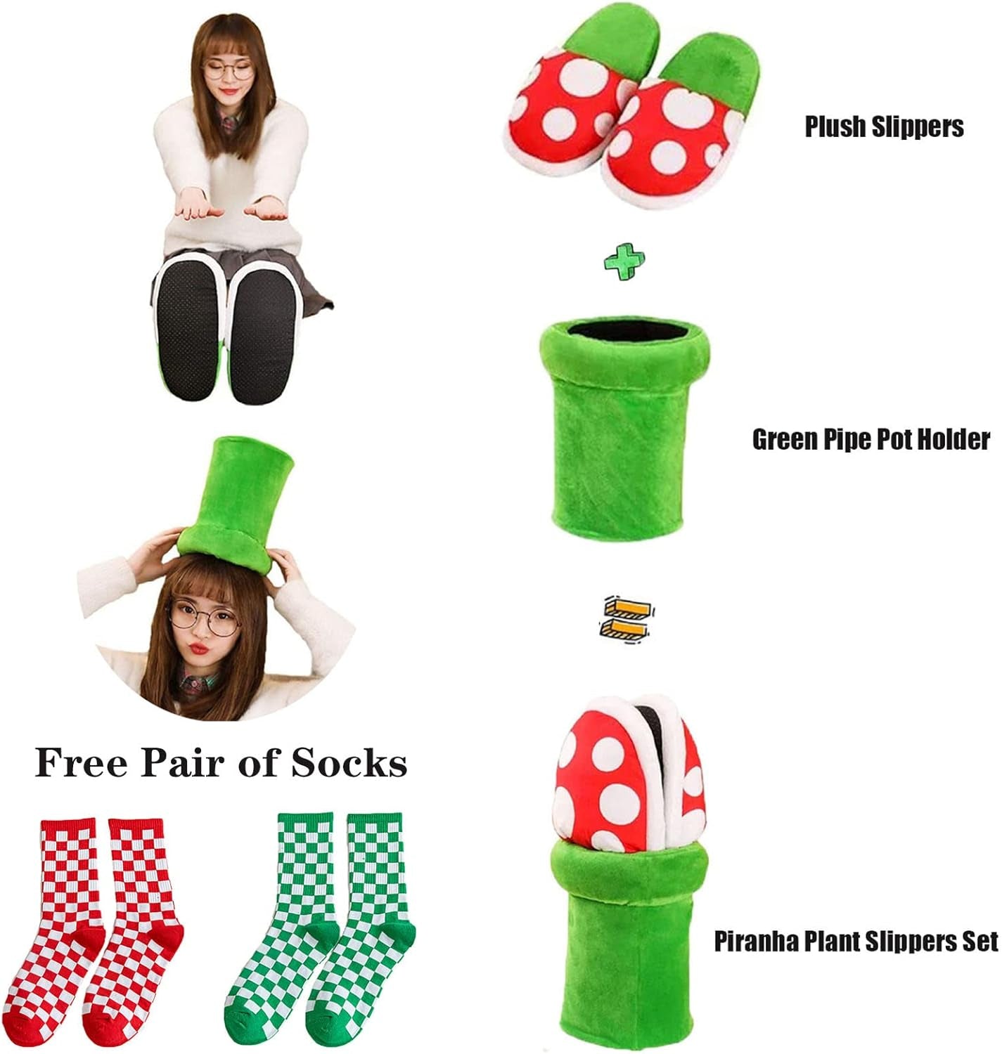 Piranha Plant Slippers with Pipe Pot Holder - Mushroom Slippers Loafer with Red Socks