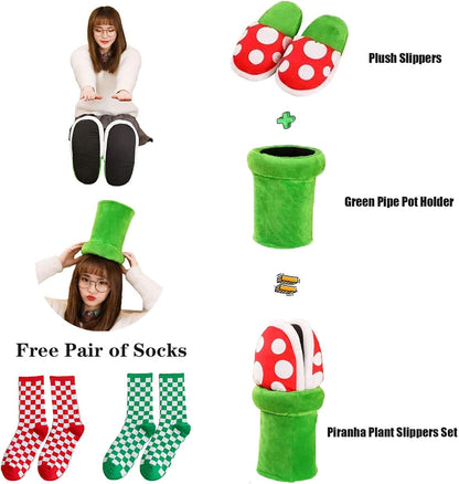 Piranha Plant Slippers with Pipe Pot Holder - Mushroom Slippers Loafer with Red Socks