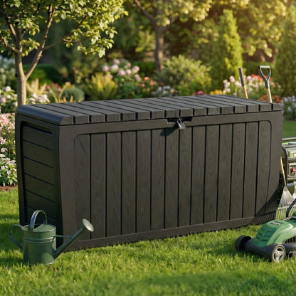 Deck Box, 75 Gallon Resin Box on Wheels, Large Outdoor Storage Box, Outdoor Waterproof Storage Chest for outside Furniture Cushions, Garden Tools, Black, D7226
