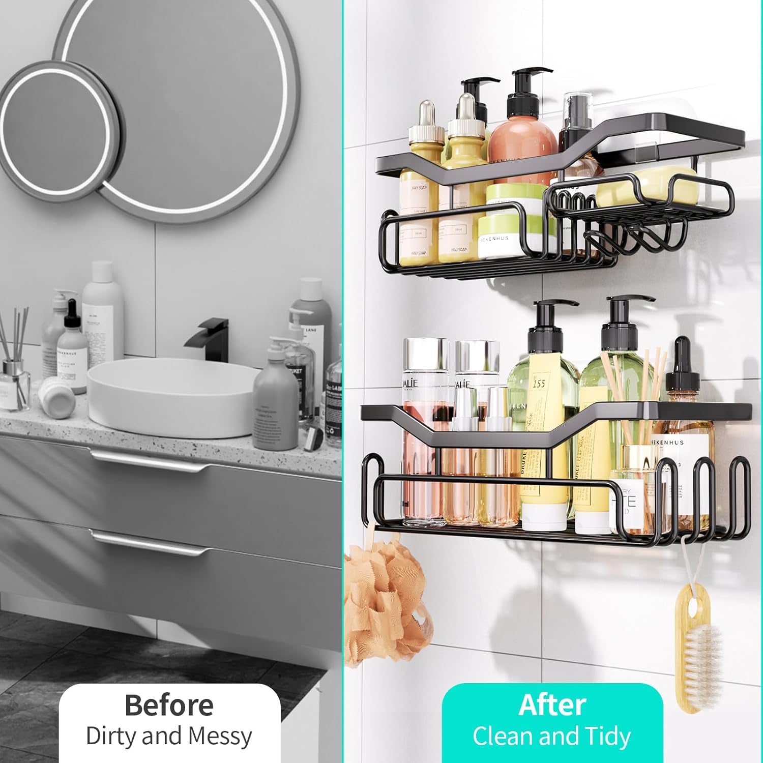 Storage Shower Shelves, Shower Caddy Organiser with 11 Hooks, Shelf with Razor Holder,Soap Dish,Towel Hook Bathroom Accessories Black,3 Sticker,2 Pcs