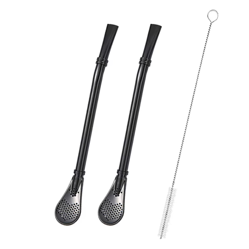 2Pcs Yerba Mate Bombilla Stainless Steel Straw Loose Leaf Tea Infuser Dringking Spoons Filter Stirring Straws W Cleaning Brush