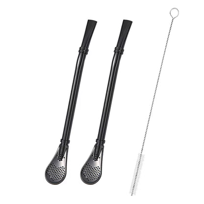 2Pcs Yerba Mate Bombilla Stainless Steel Straw Loose Leaf Tea Infuser Dringking Spoons Filter Stirring Straws W Cleaning Brush