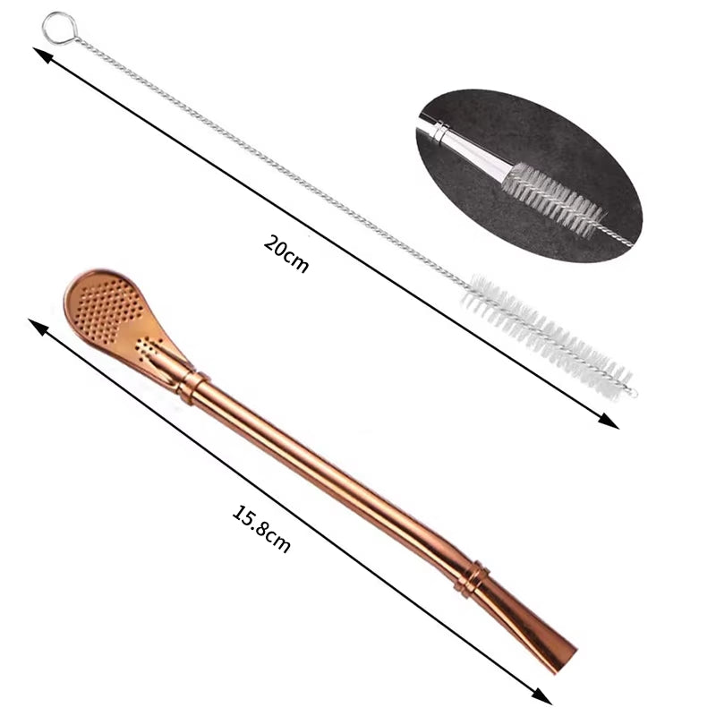 2Pcs Yerba Mate Bombilla Stainless Steel Straw Loose Leaf Tea Infuser Dringking Spoons Filter Stirring Straws W Cleaning Brush