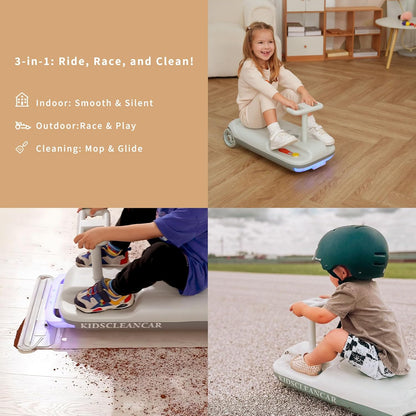 12V Ride-On Car with Cleaning Fun, 3 in 1 Gokart, Soft-Start, 5-Speed Adjustable, Detachable Mop, Rechargeable Battery, 160Lbs Capacity, Indoor & Outdoor for Kids Ages 3+ Gray